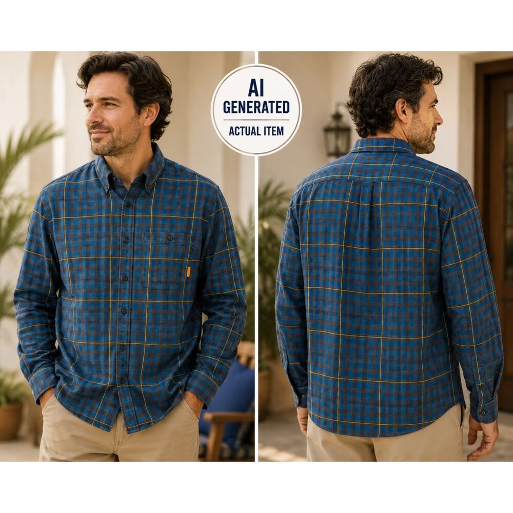 Merrell Mens Large Long Sleeve Flannel Plaid Button Down Shirt Blue Yellow M